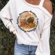 Beige Pumpkin Rugby Football Slogan Print Cold Shoulder Top