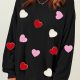 Black Heart Shaped Chenille Embroidered Crew Neck Sweatshirt