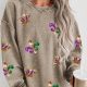 Khaki Mardi Gras Sequin Crown Fleur De Lis Corded Sweatshirt