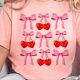 Pink Bow Cherry Print Crew Neck Casual T Shirt